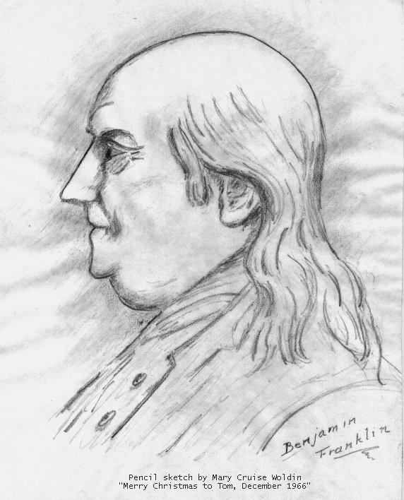 Pencil sketch of Benjamin Franklin, 1966, by Mary Veronica Cruise Woldin