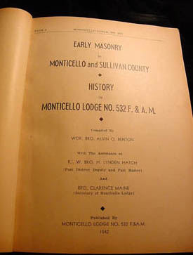 Title page of Early Masonry in Monticello and Sullivan County: History of Monticello Lodge No. 532, published 1942 by Monticello Lodge.