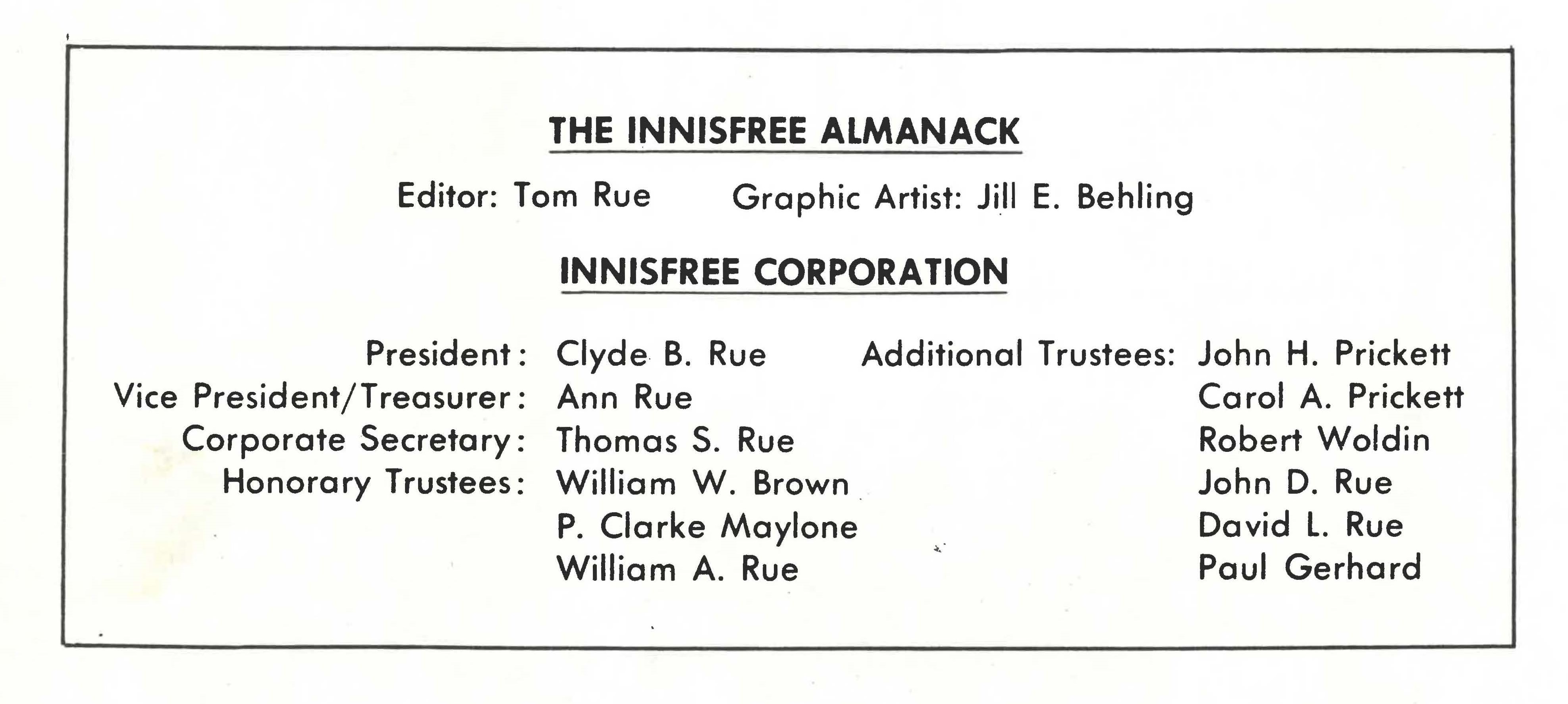 The Innisfree Almanack, masthead box. Tom Rue, editor. Jill E. Padua, graphic artist.