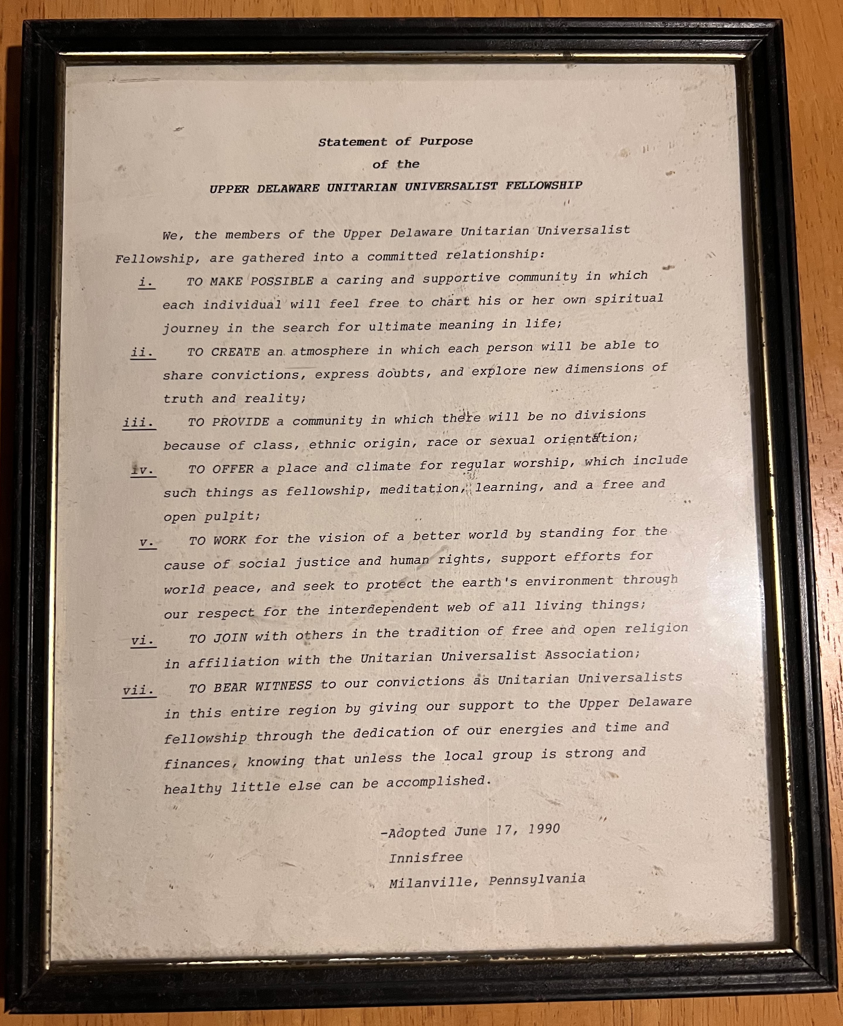 Statement of Purpose of the UDUUF adopted 6/17/1990 at Innisfree in Milanville, Pennsylvania