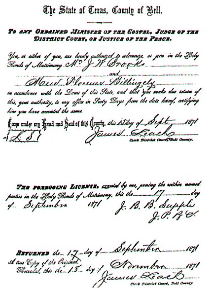 Scan of marriage certificate of Joseph Winfield Brooks, Sr. (aka as Joab Brooks) and Florence Rosalee Billingsley, 15 September 1871, Bell County, Texas; from a microfilm copy at the LDS Genealogical Library, Salt Lake City.