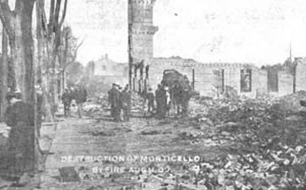 'The ruins of Monticello's Masonic Temple, in the morning after the historic fire of Aug. 9th, 1919 [sic]. From those ashes arose the present magnificent structure.' From Souvenir of Masonic Fair and Carnival, 1920.