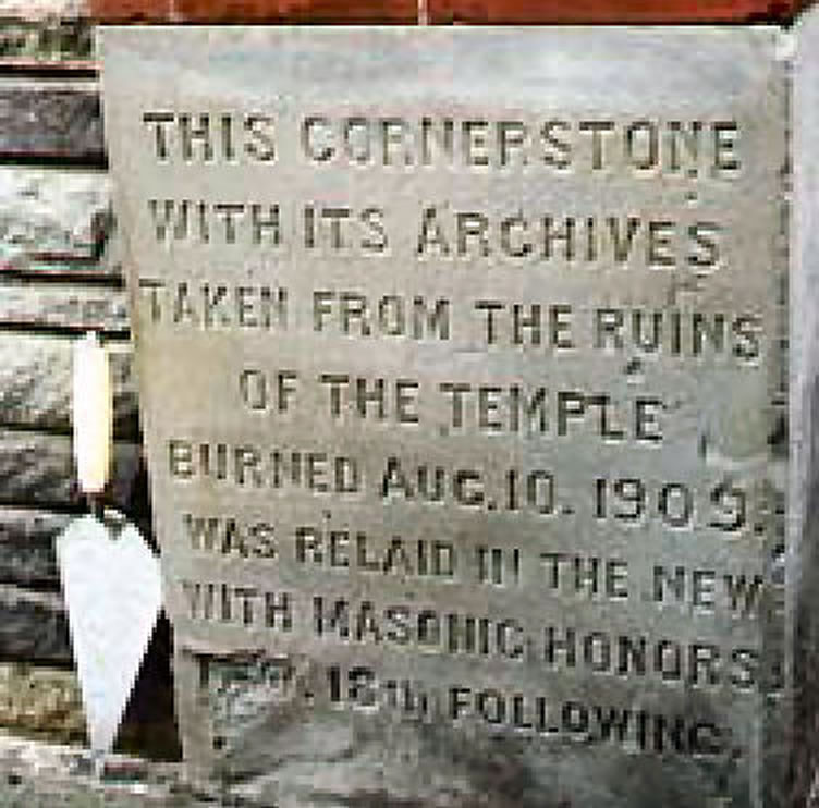 Cornerstone of Monticello's second Masonic Temple, currently owned by the Times Herald-Record newspaper, situated at 5 Bank Street, across the street from the Lawrence H. Cooke Sullivan County Court House. Photo by Ernie Marchino.