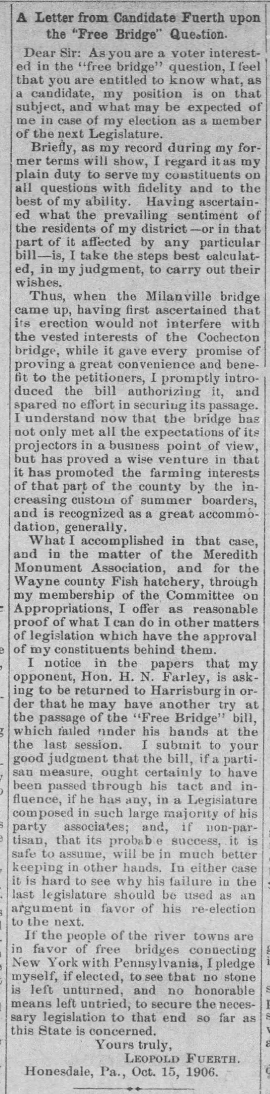 Free Bridge letter, 10/15/1906