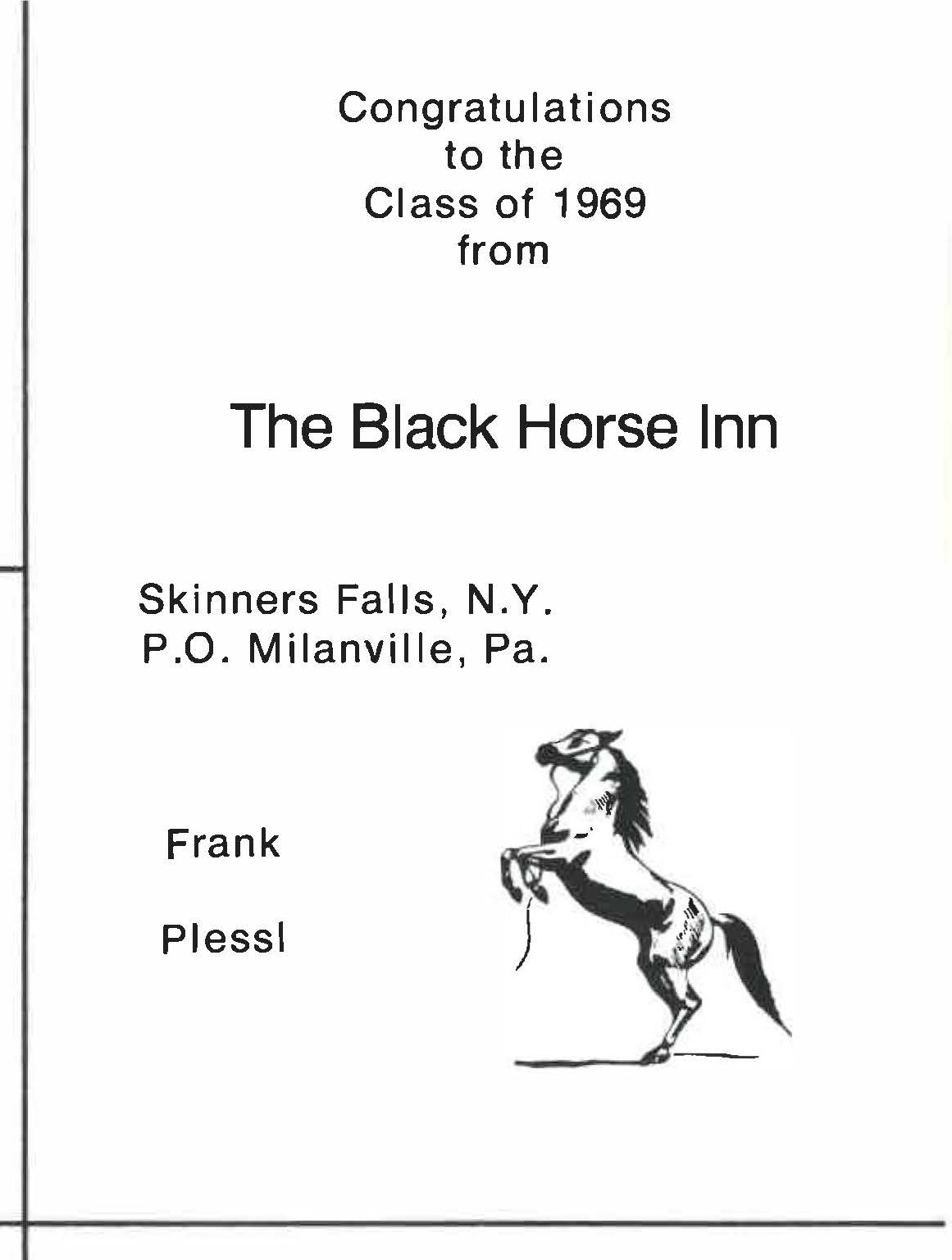 Ad for The Black Horse Inn in the 1969 high school year book, Narrowsburg CSD.