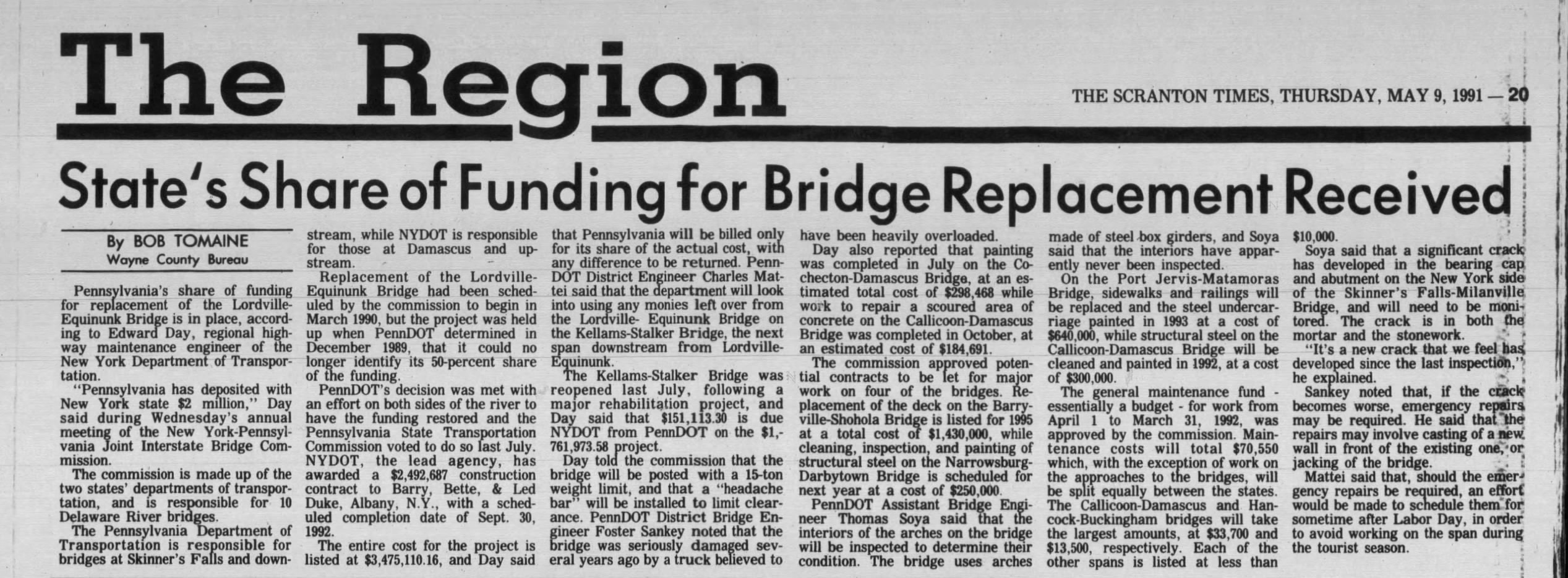 State's share of bridge funding received