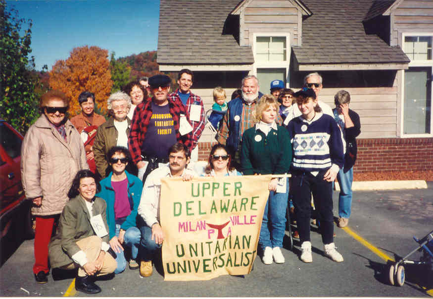 Walkers assembled in front of the library.