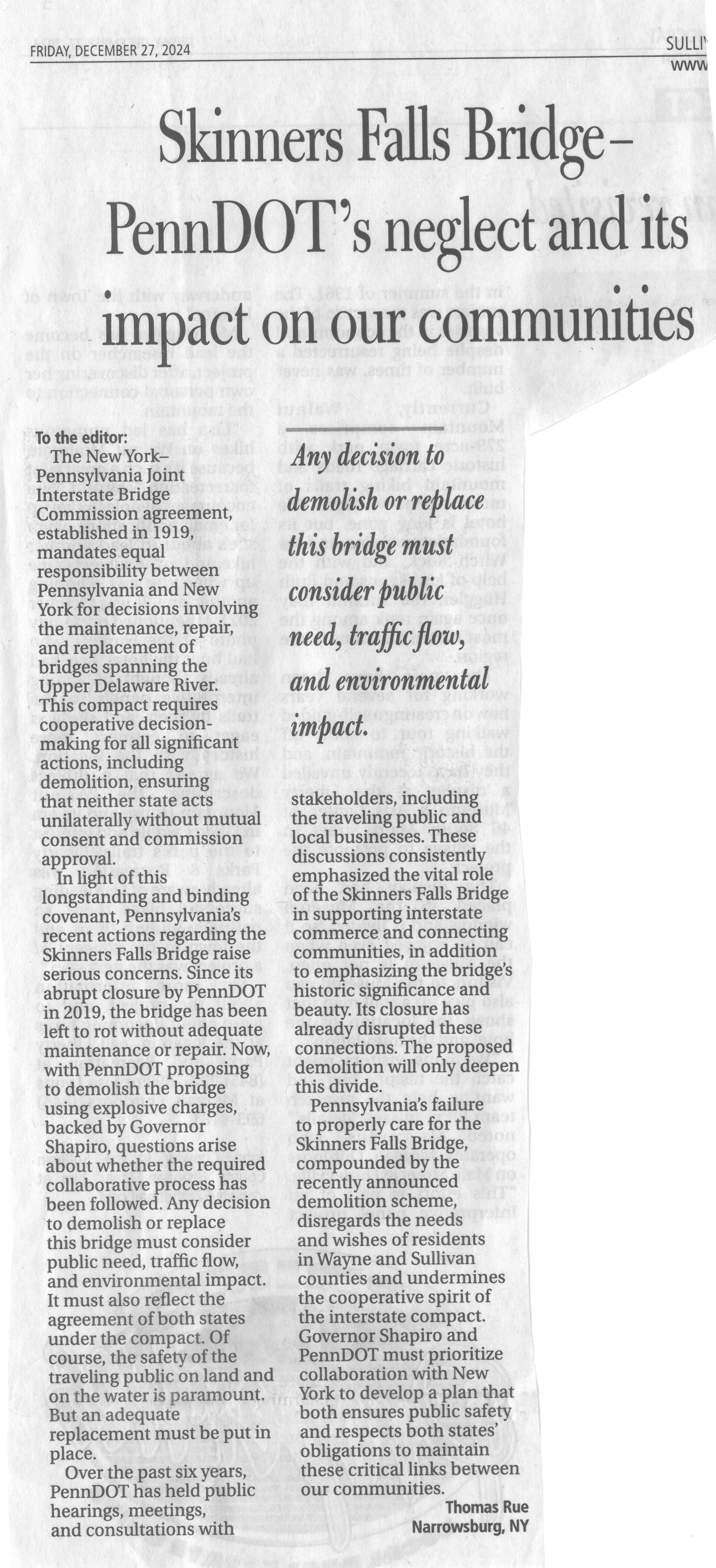 Sullivan County Democrat, 12/27/2024, letter to the editor