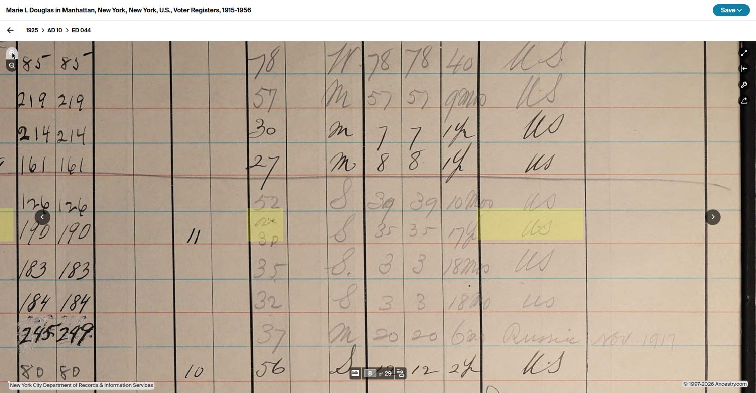 1925 Manhattan voter register page, row 71 highlighted: Douglas, Marie L, 73 W. 49th St., age stated as over 30