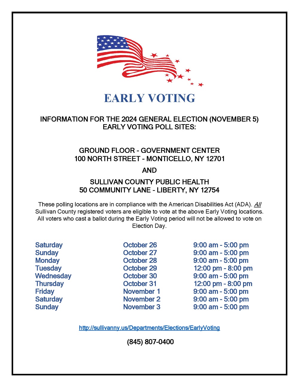 Early voting schedule in Sullivan County, NY