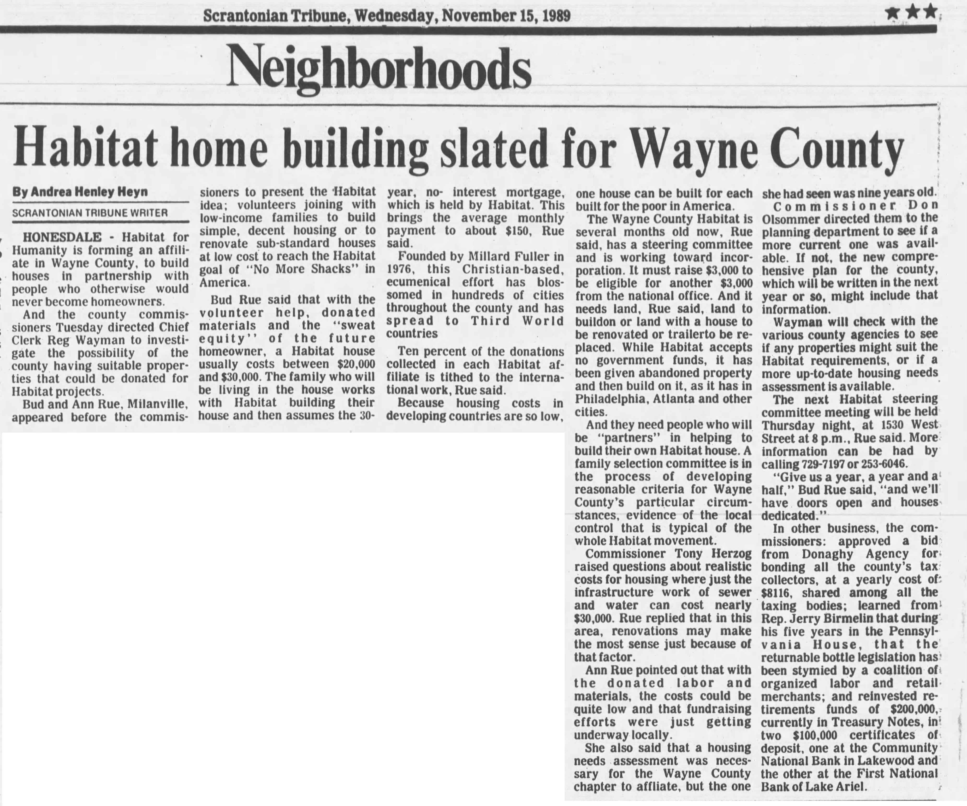 Habitat home building slated for Wayne, 11/15/1989